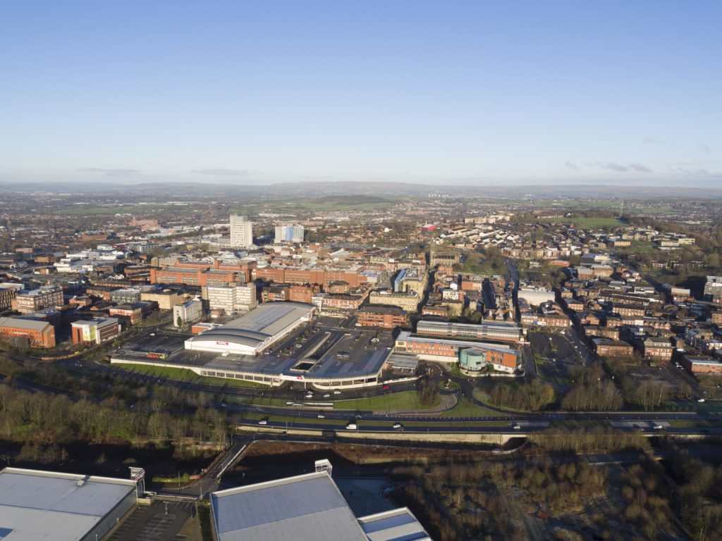 An aerial image of the Oldham town centre area